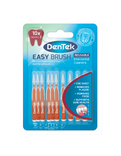 Front view of Dentek Easy Brush Red Size 2 10 Piece Packaging