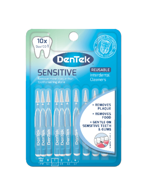 Front view of Dentek Sensitive Size 1 Blue 10 Piece Packaging