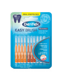 Front view of Dentek Easy Brush Size 1, 2 and 3 10 Piece Packaging