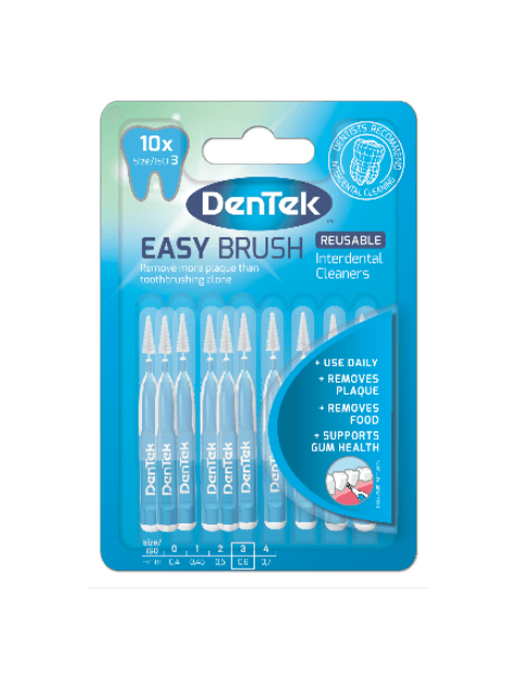 Front view of Dentek Easy Brush Blue Size 3 10 Piece Packaging