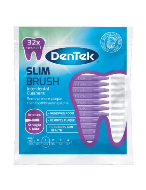 Front view of Dentek Slim Brush Purple Interdental Cleaners packaging
