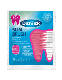 Front view of Dentek Slim Brush Pink Interdental Cleaners packaging