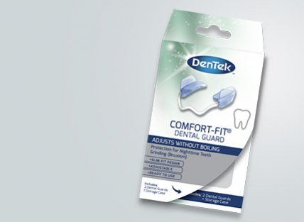 Front view of the Dentek Comfort Fit Dental Guard packaging against a light grey background