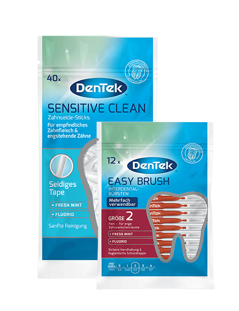 A packet of DenTek sensitive clean brushes and a packet of easy brushes