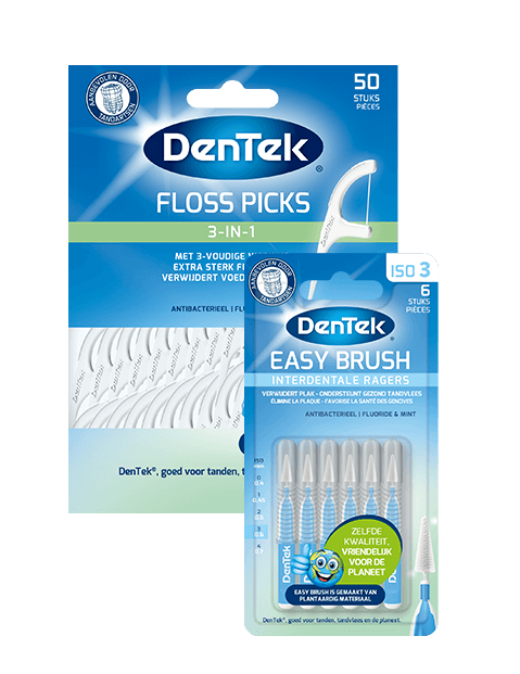 A packet of floss picks and a packet of easy brushes
