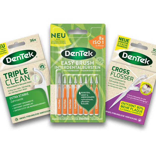 Three packshots of DenTek items